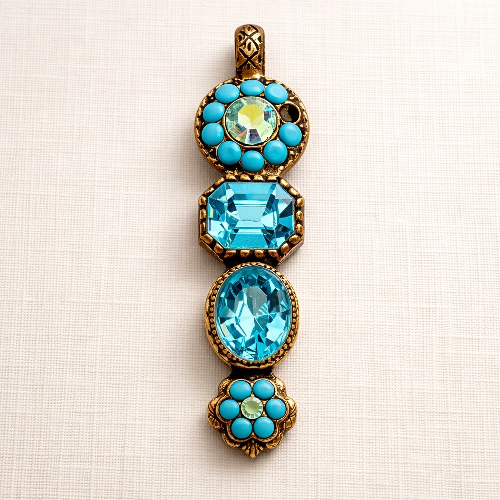 Vintage AVGAD Israel Turquoise Rhinestone Pendant Boho Statement Necklace